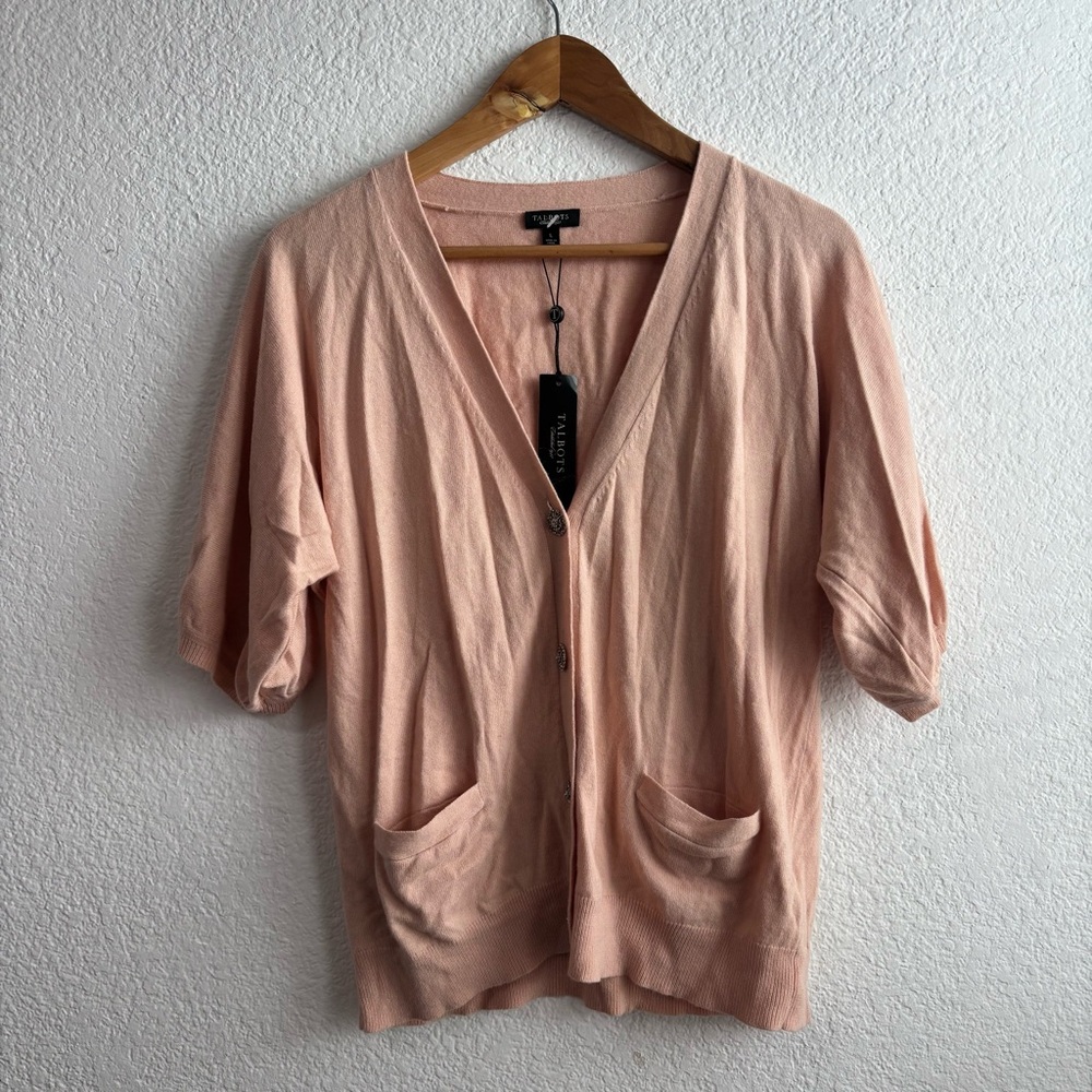 Talbots Soft Peach Short Sleeve Button Cardigan Lambswool Large
